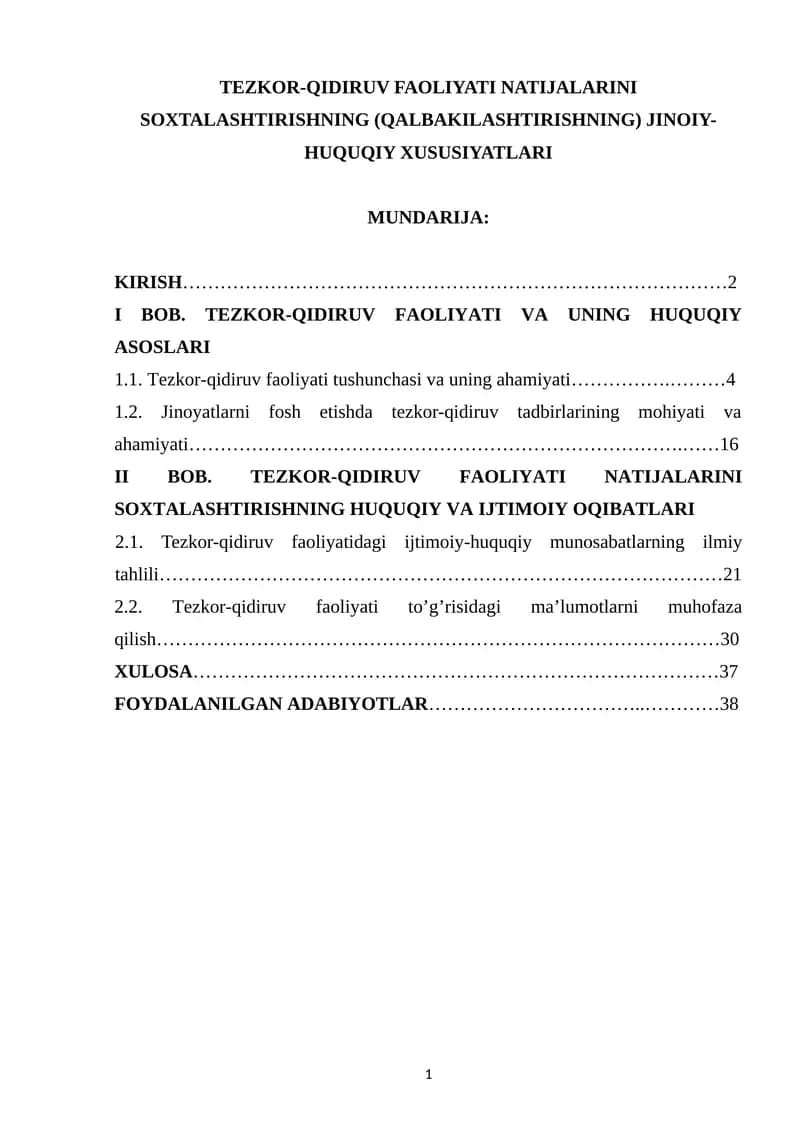 Tezor-qidiruv faoliyati natijalarini soxtalashtirishning (qalbakilashtirishning) jinoi-huquqiy xususiyatlari