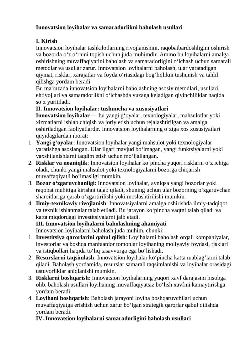 Innovatsion loyihalar va samaradorlikni baholash usullari
