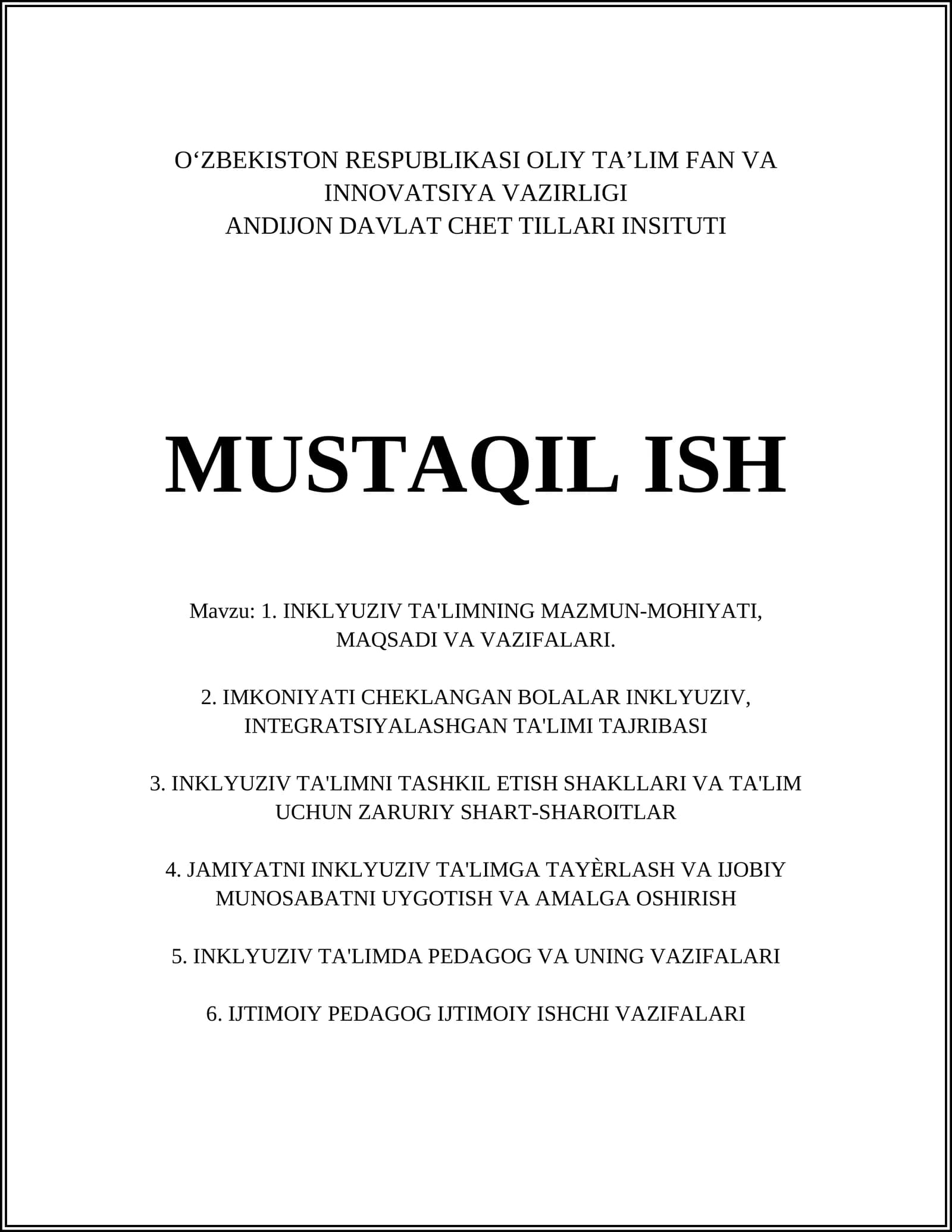 INKLYUZIV TA'LIMNING NAZARIY ASOSLARI