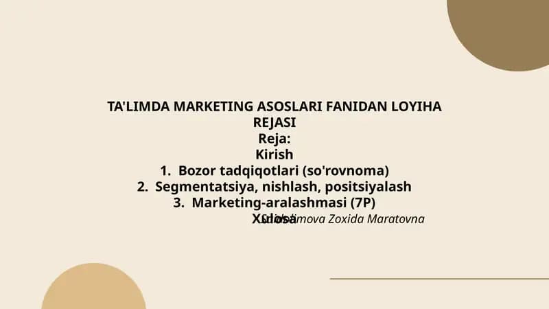 TA'LIMDA MARKETING ASOSLARI FANIDAN LOYIHA REJASI
