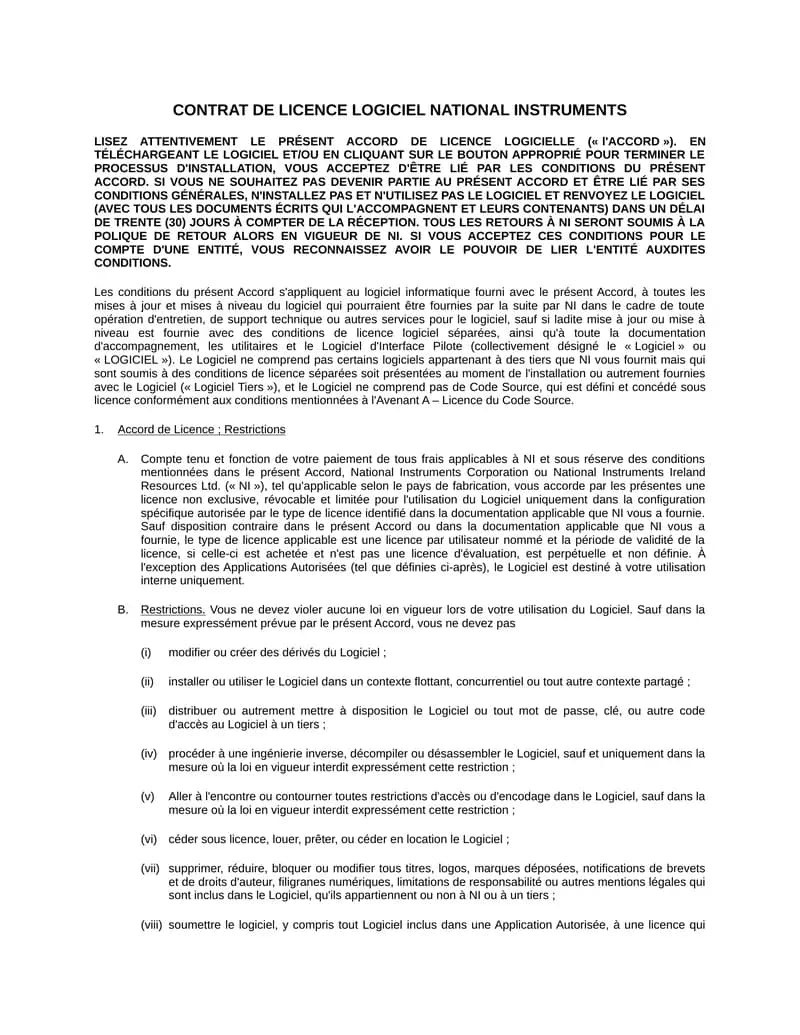 CONTRAT DE LICENCE LOGICIEL NATIONAL INSTRUMENTS