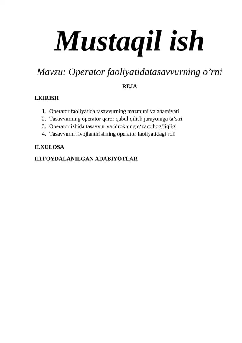 Operator faoliyatidatasavvurning o’rni