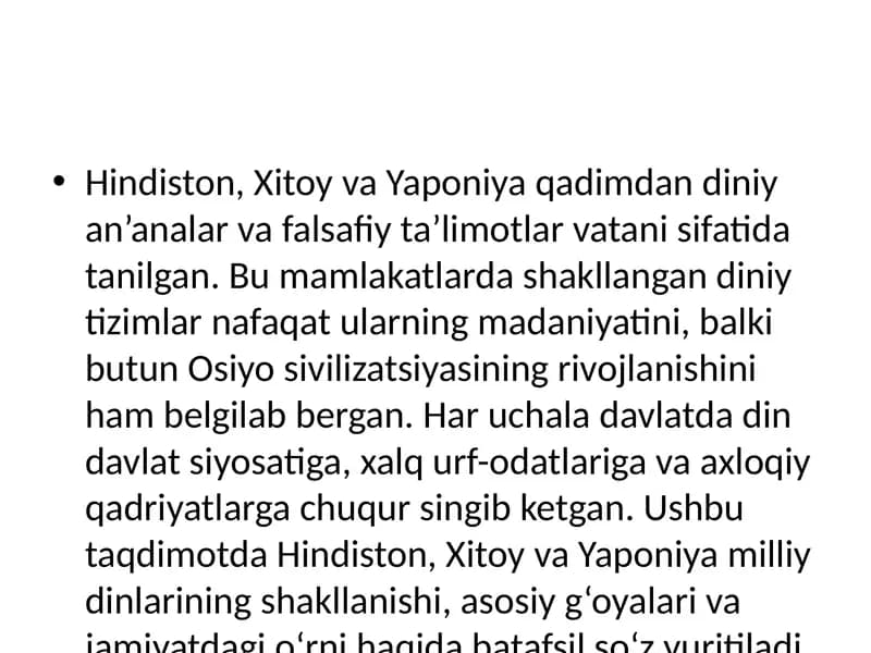 Hindiston, Xitoy va Yaponiya Milliy Dinlari