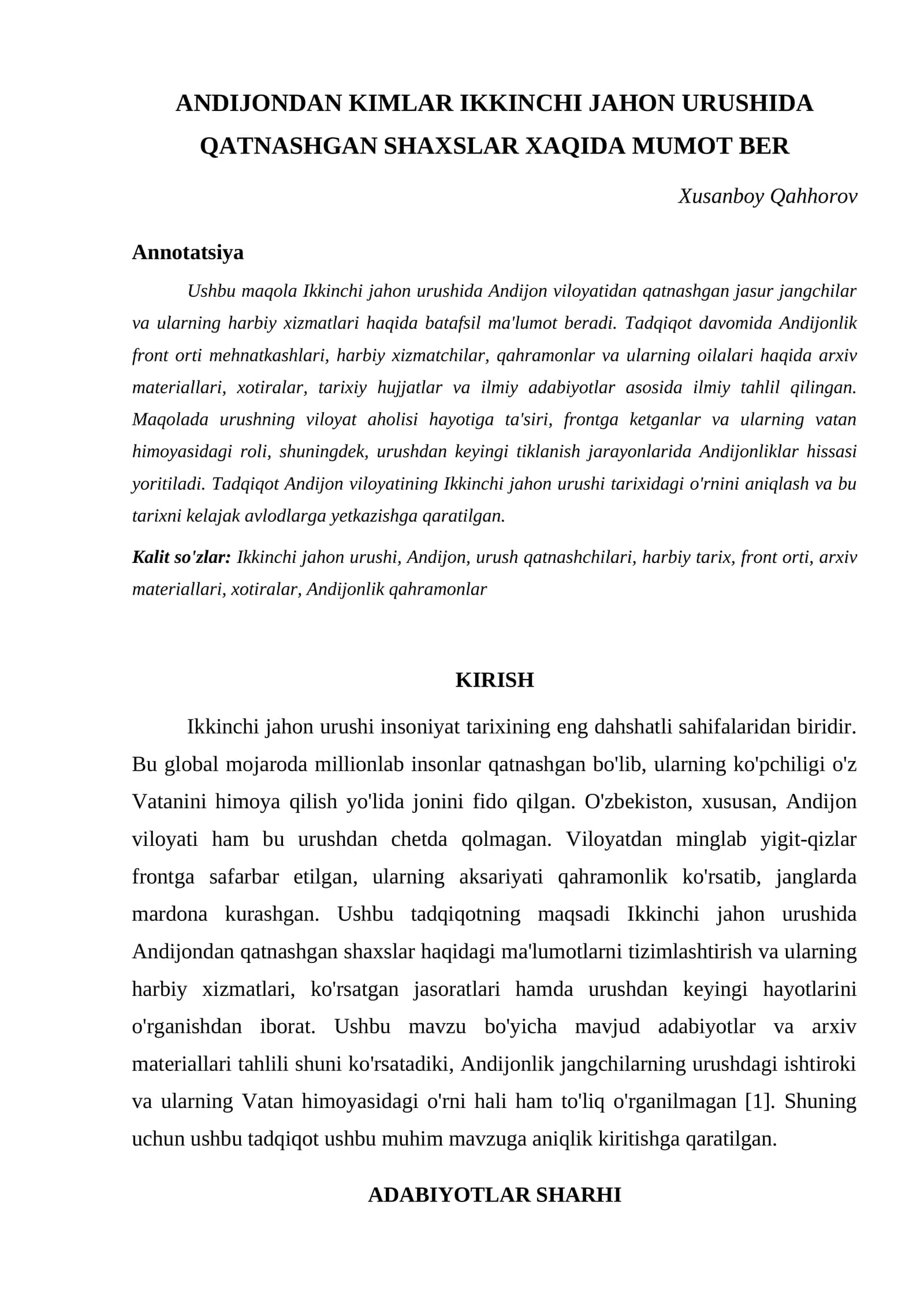 ANDIJONDAN KIMLAR IKKINCHI JAHON URUSHIDA QATNASHGAN SHAXSLAR XAQIDA MUMOT BER