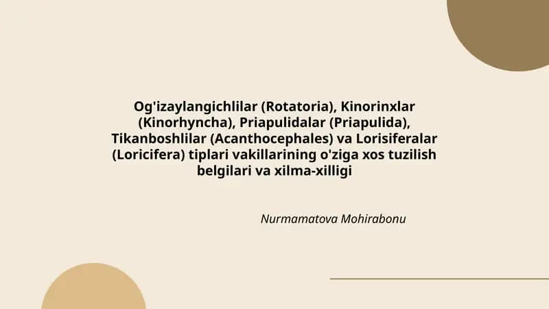 Og'izaylangichlilar (Rotatoria), Kinorinxlar (Kinorhyncha), Priapulidalar (Priapulida), Tikanboshlilar (Acanthocephales) va Lorisiferalar (Loricifera) tiplari vakillarining o'ziga xos tuzilish belgilari va xilma-xilligi