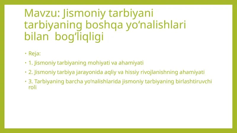 Jismoniy tarbiyaning boshqayo‘nalishlari bilan bog‘liqligi