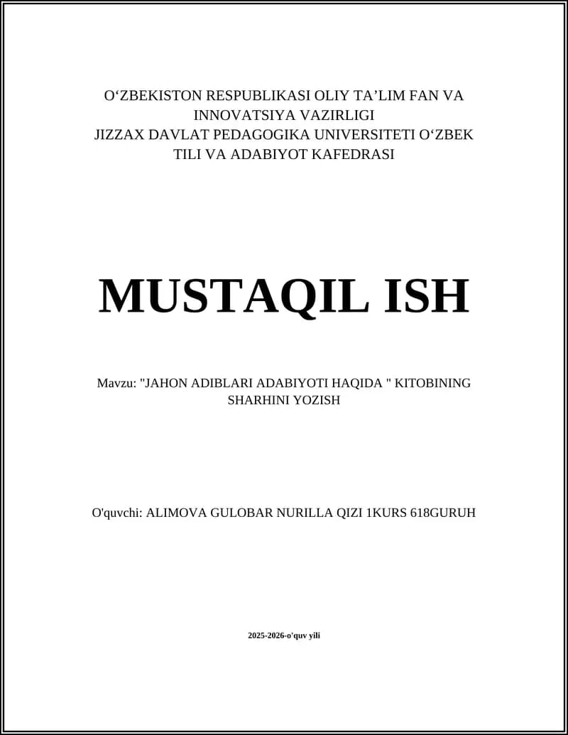 "JAHON ADIBLARI ADABIYOTI HAQIDA " KITOBINING SHARHINI YOZISH