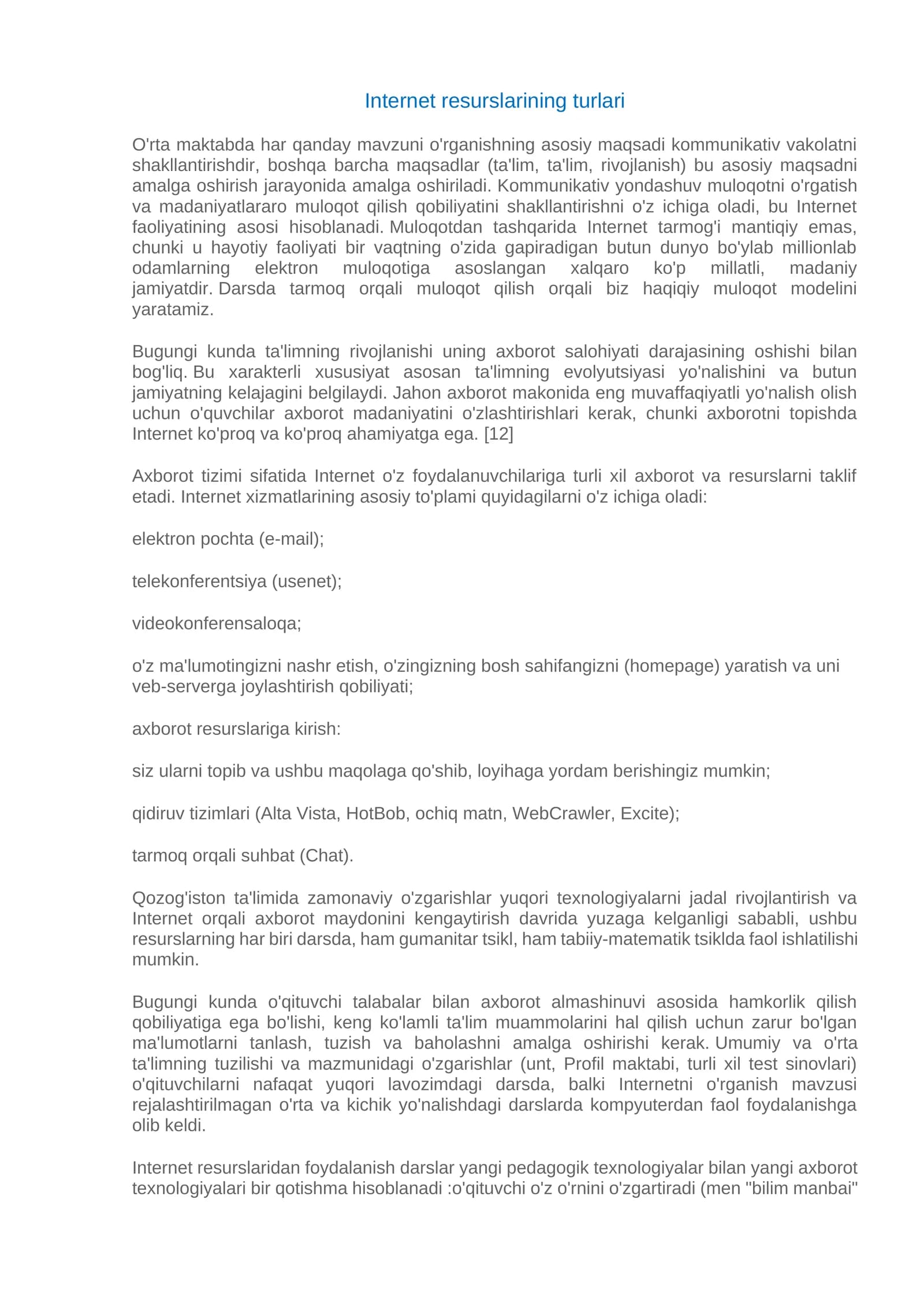 Internet resurslarining turlari