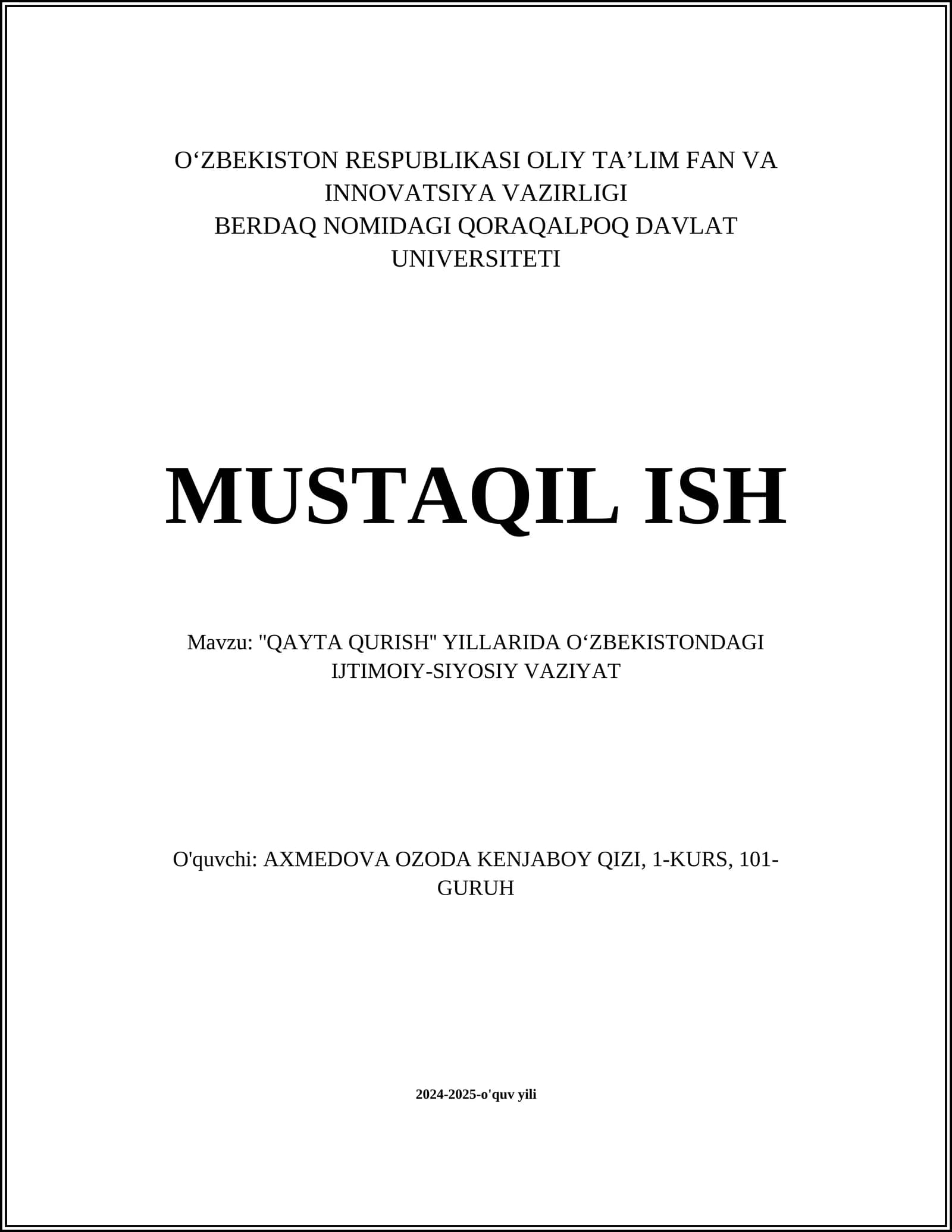 QAYTA QURISH'' YILLARIDA O‘ZBEKISTONDAGI IJTIMOIY-SIYOSIY VAZIYAT