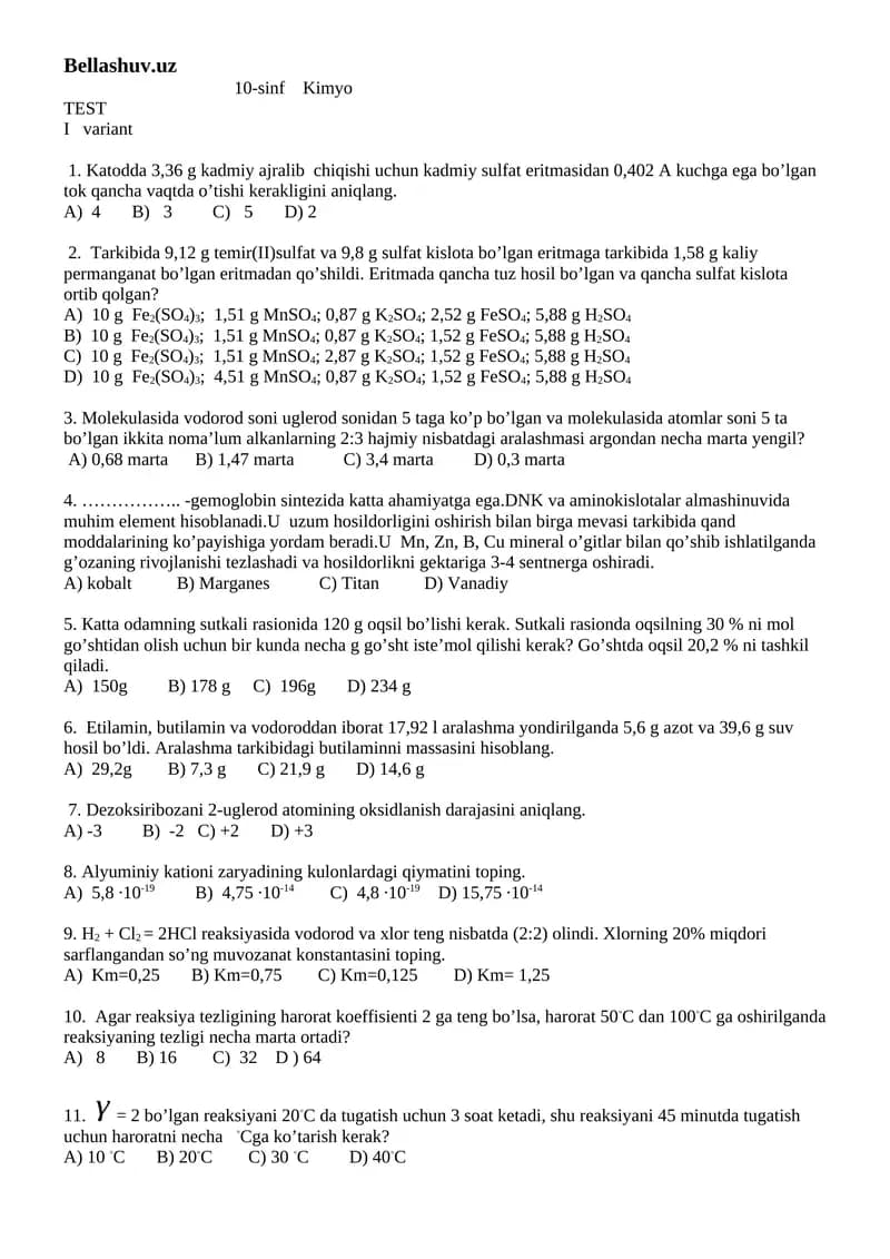 10-sinf Kimyo TEST
