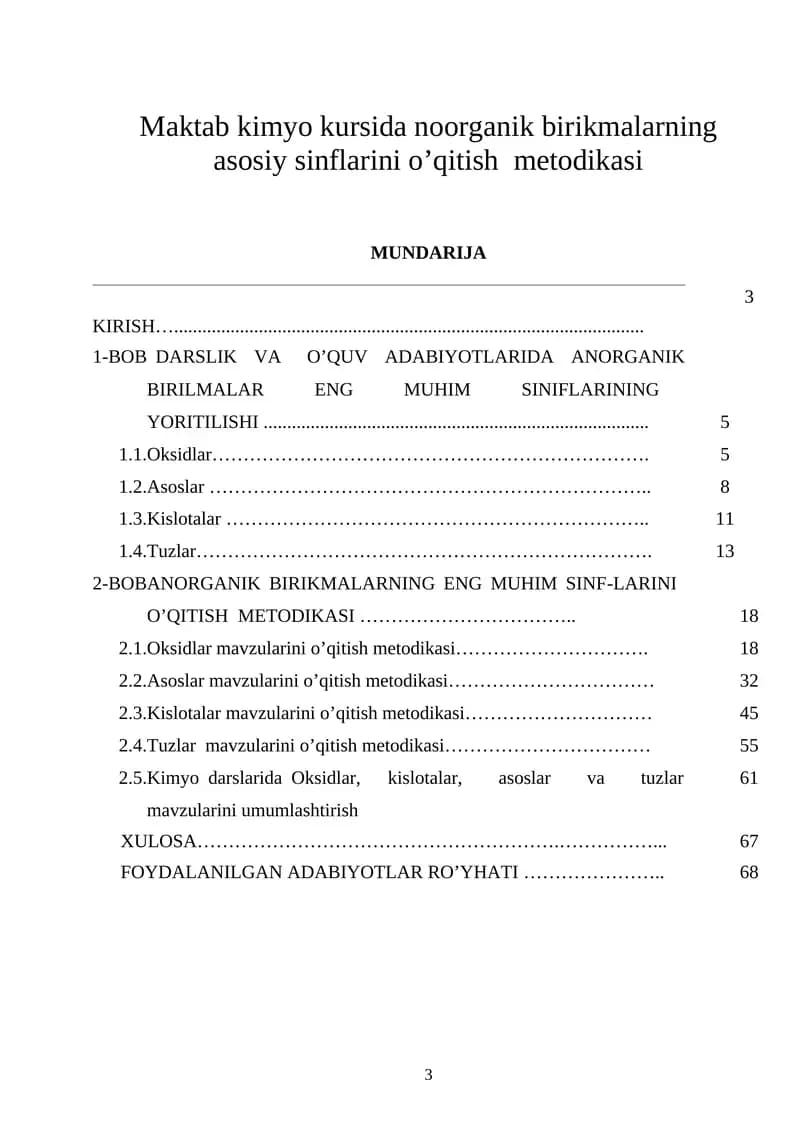 Anorganik birikmalar mavzusida kimyo kursi