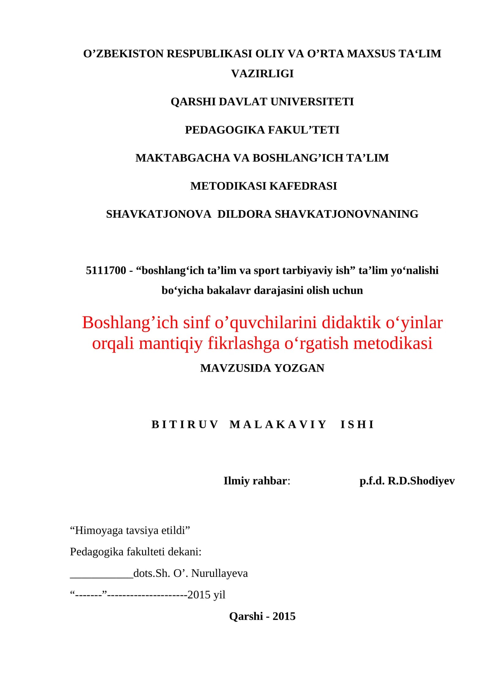 Boshlang‘ich ta’lim va sport tarbiyaviy ish ta’lim yo‘nalishi bo‘yicha bakalavr darajasini olish
