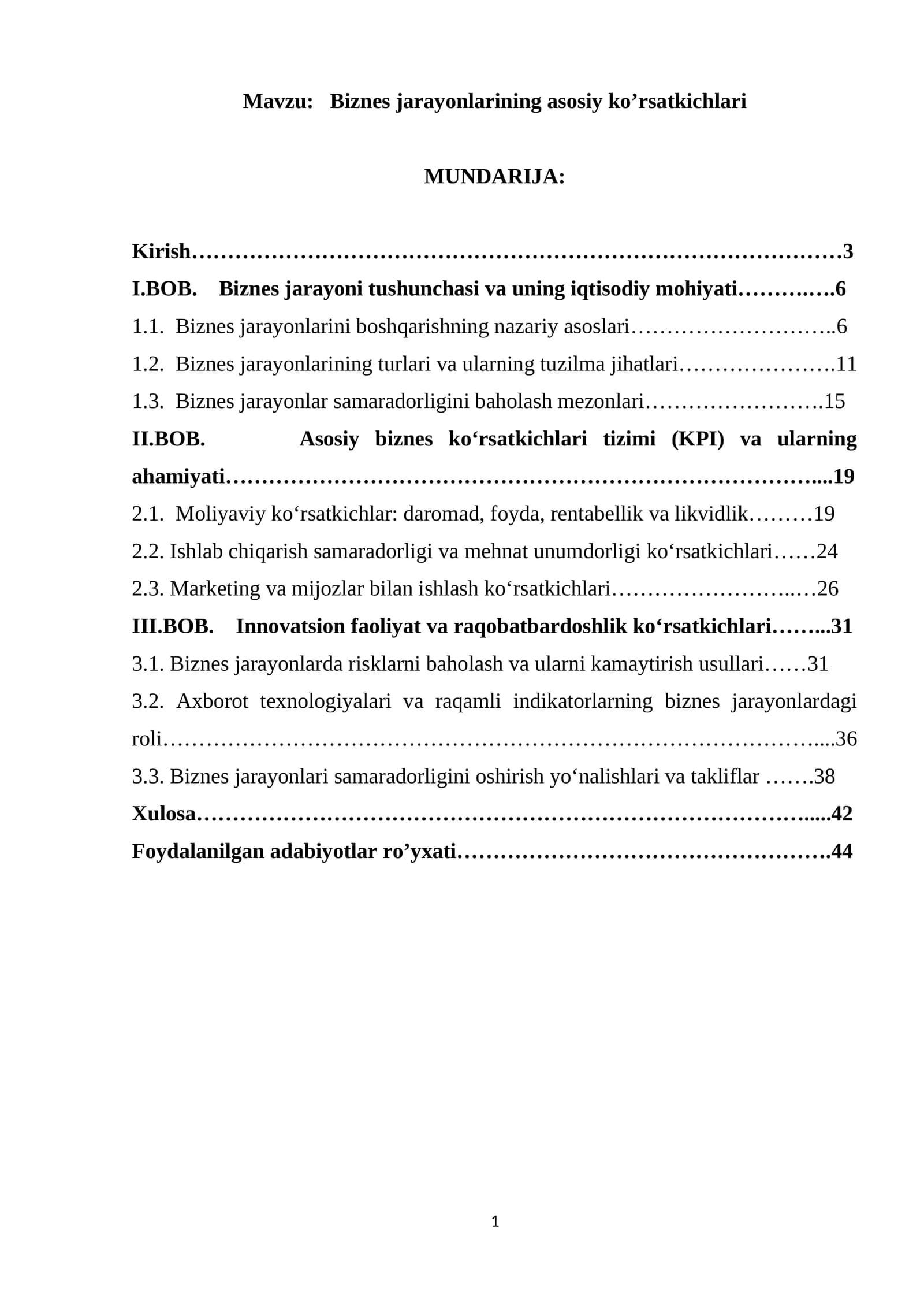 Biznes jarayonlarining asosiy ko’rsatkichlari