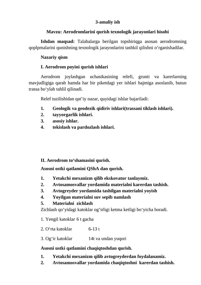 Aerodromlarini qurish texnologik jarayonlari hisobi