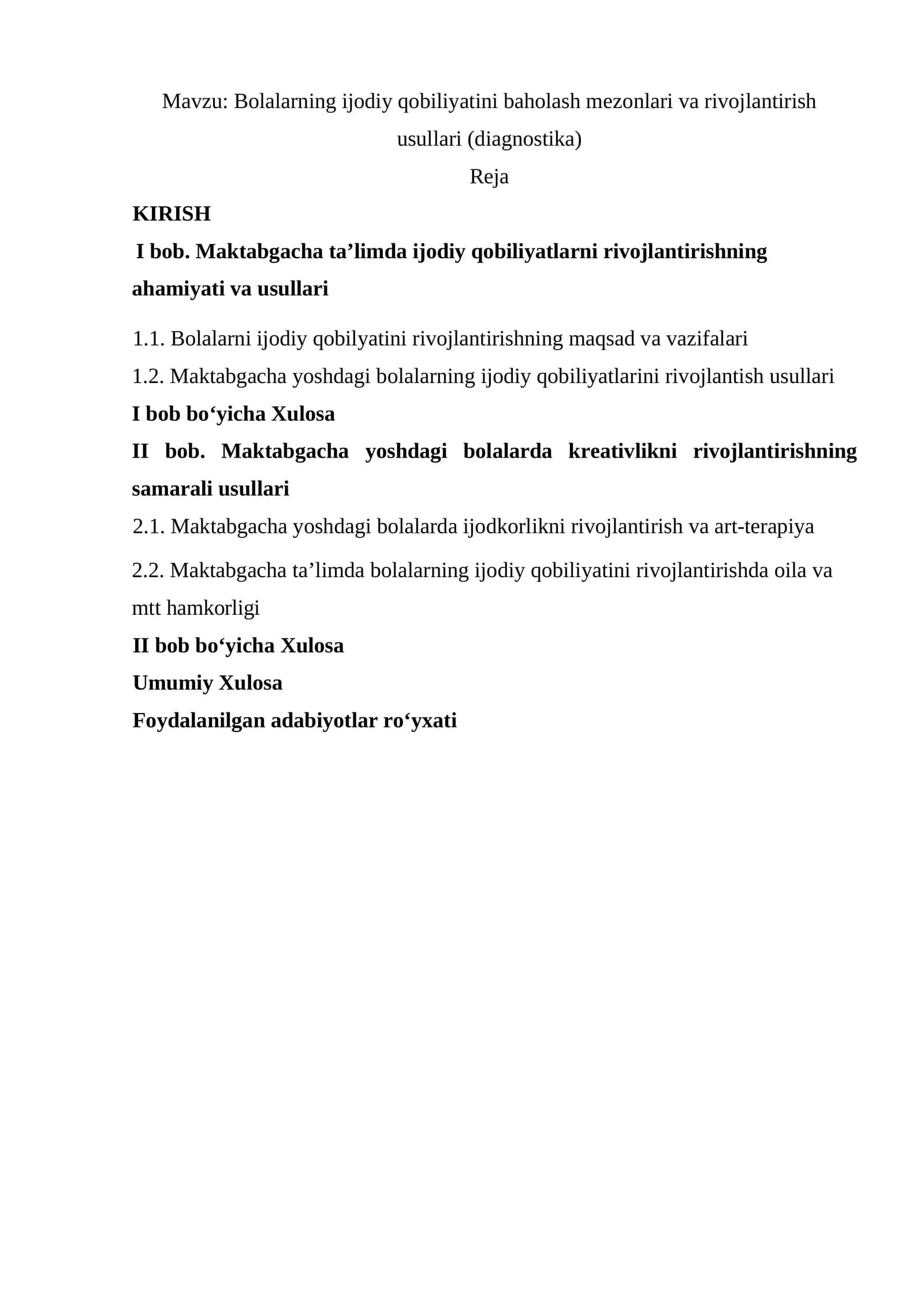 Bolalarning ijodiy qobiliyatini baholash mezonlari va rivojlantirish usullari (diagnostika)