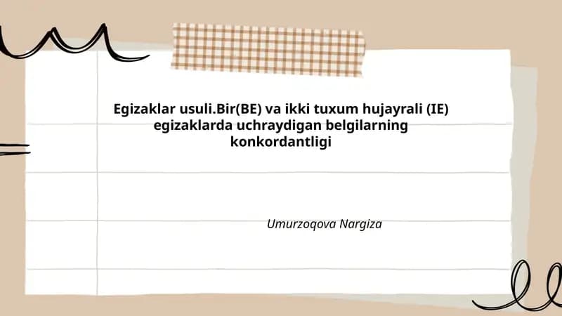 Egizaklar usuli.Bir(BE) va ikki tuxum hujayrali (IE) egizaklarda uchraydigan belgilarning konkordantligi