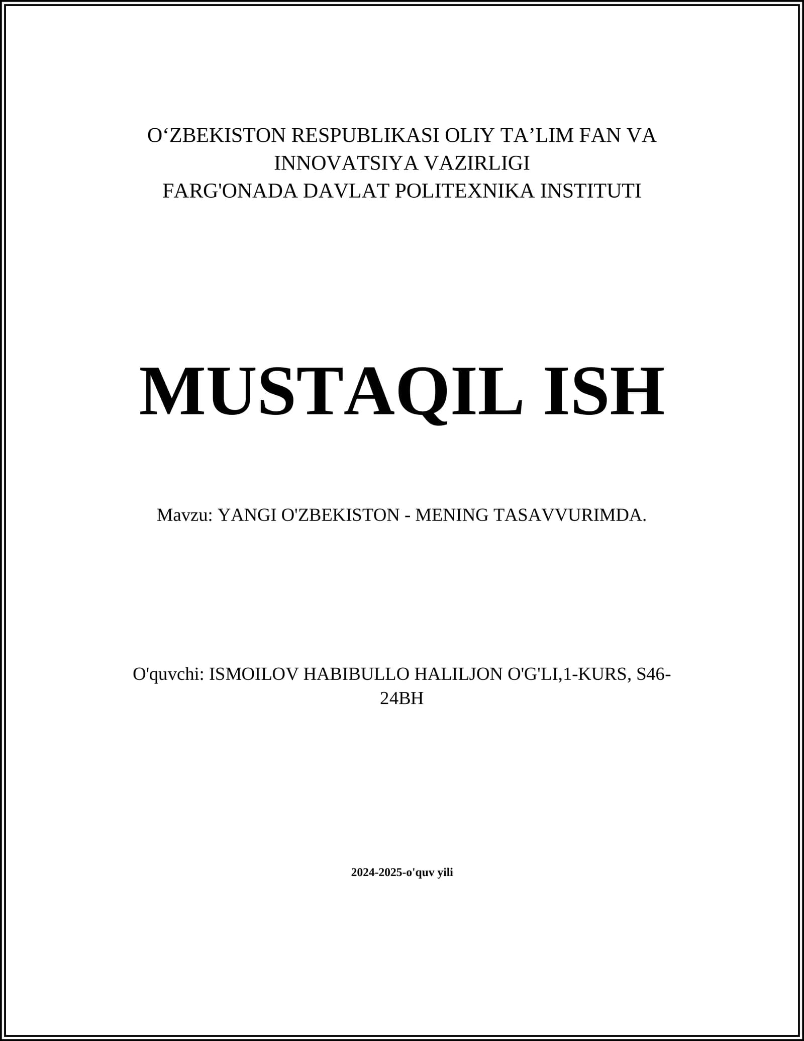 YANGI O'ZBEKISTON - MENING TASAVVURIMDA