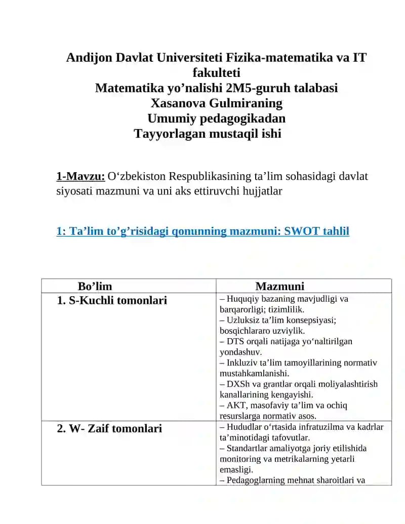 O‘zbekiston Respublikasining ta’lim sohasidagi davlat siyosati mazmuni