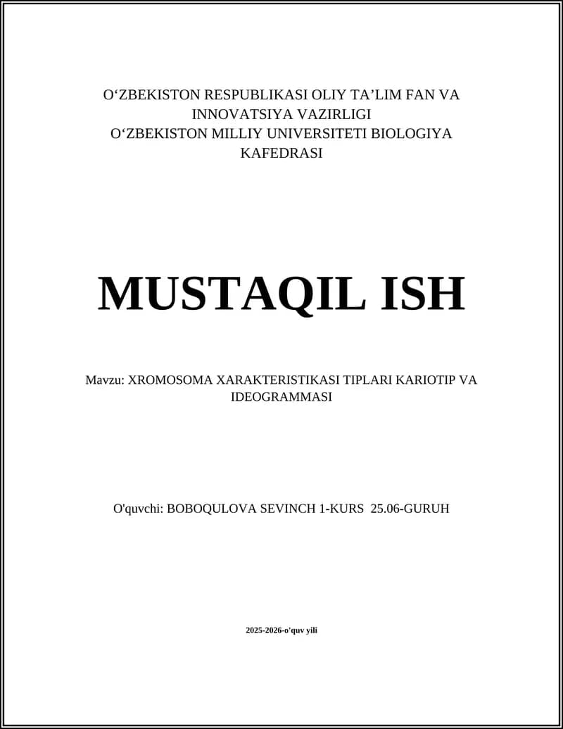 XROMOSOMA XARAKTERISTIKASI TIPLARI KARIOTIP VA IDEOGRAMMASI