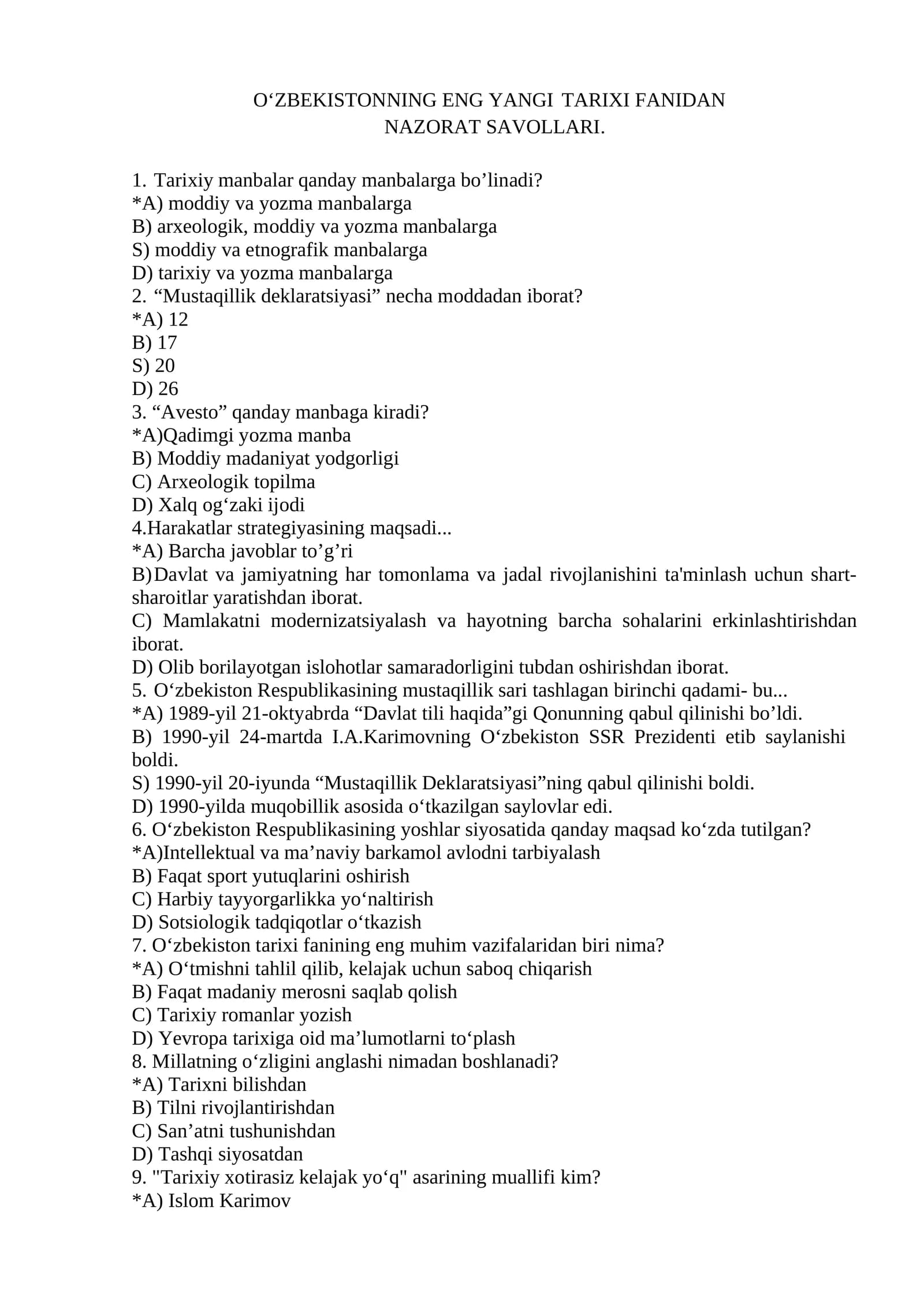 O’zbekistonning eng yangi tarixi fanidan nazorat savollari