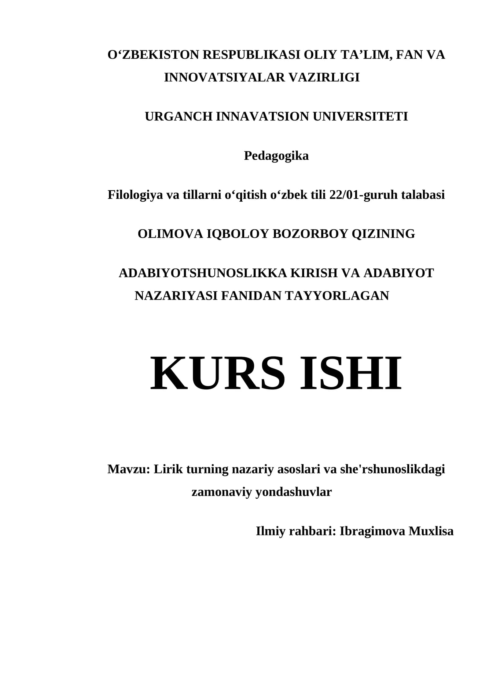Lirik turning nazariy asoslari va she'rshunoslikdagi zamonaviy yondashuvlar