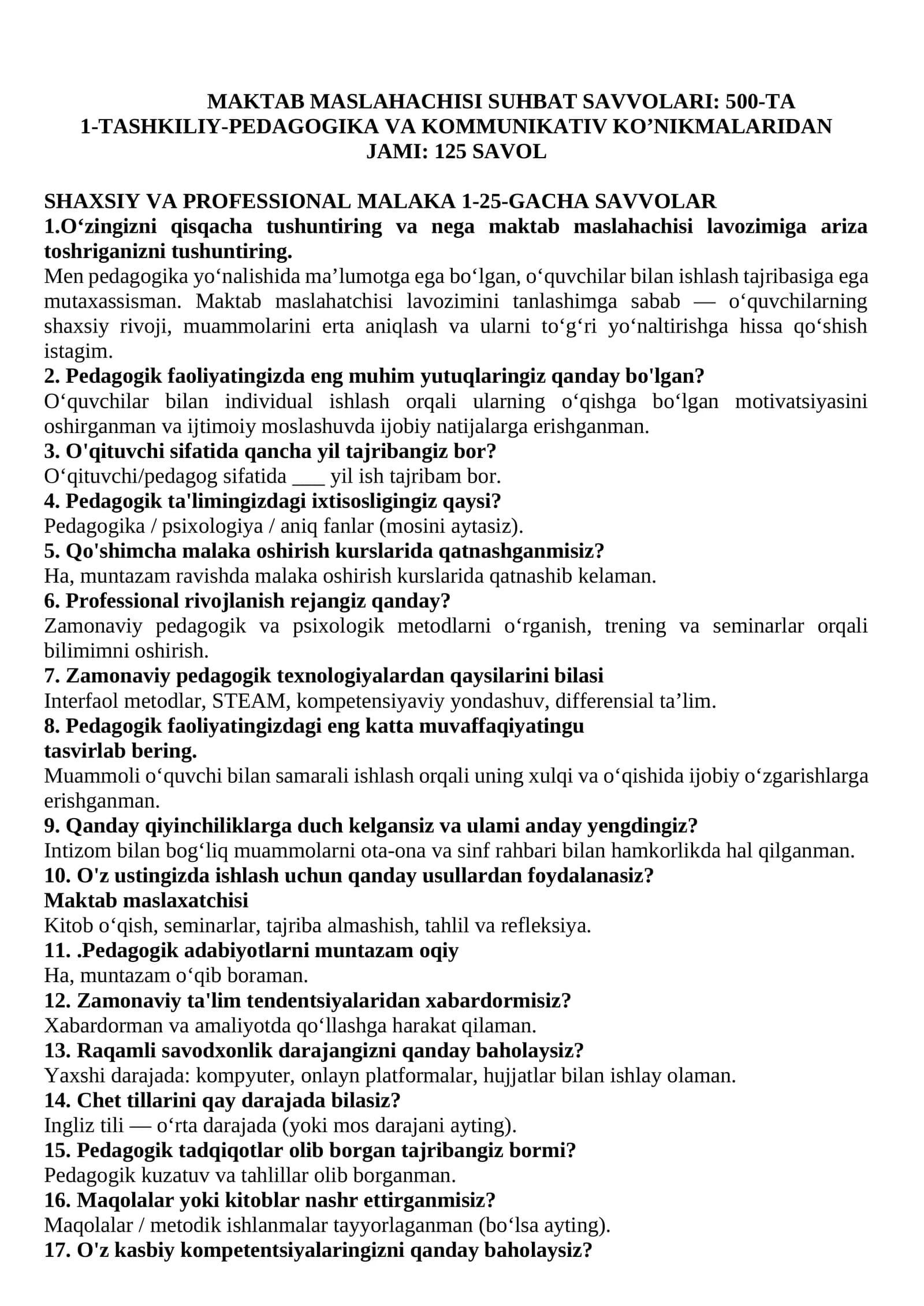 Maktab maslahatchisi lavozimi uchun suhbat test savol va javoblari