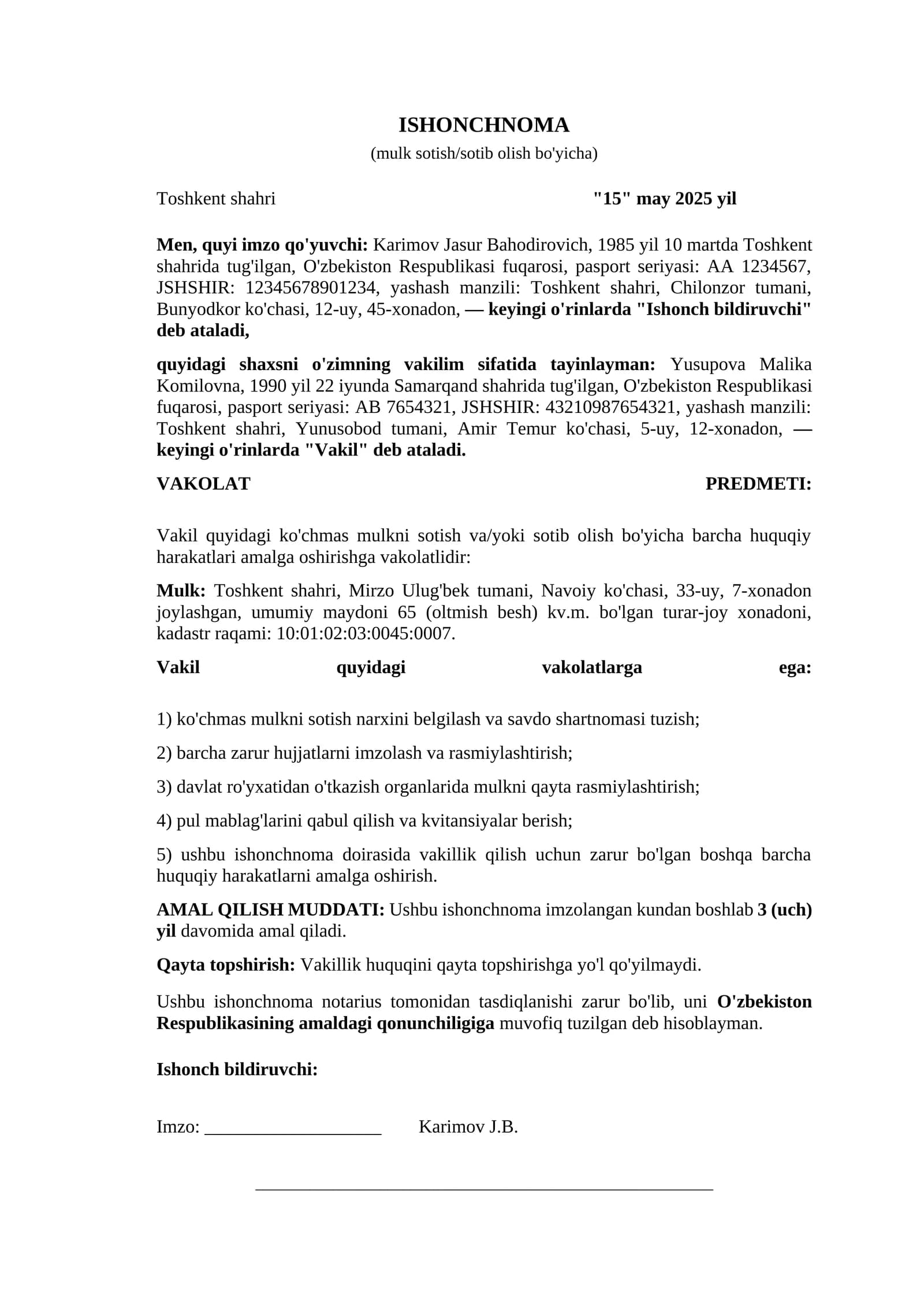 Ishonchnoma (mulk sotish va sotib olish bo'yicha)