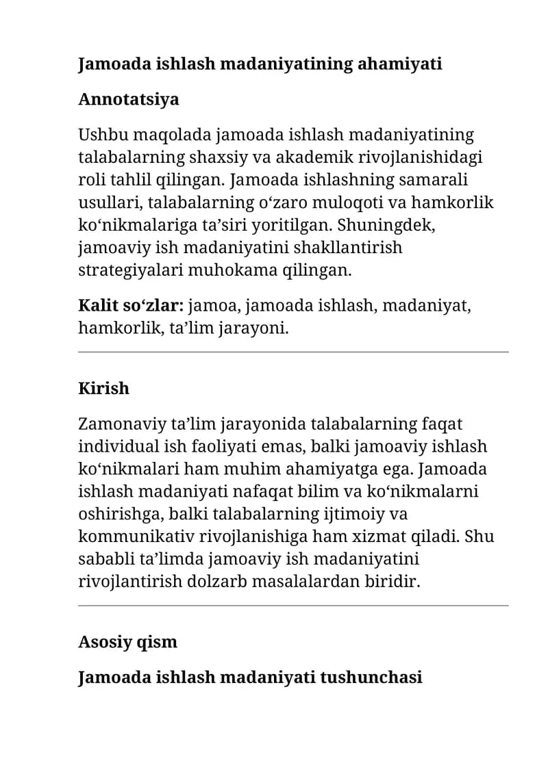 Jamoada ishlash madaniyatining ahamiyati