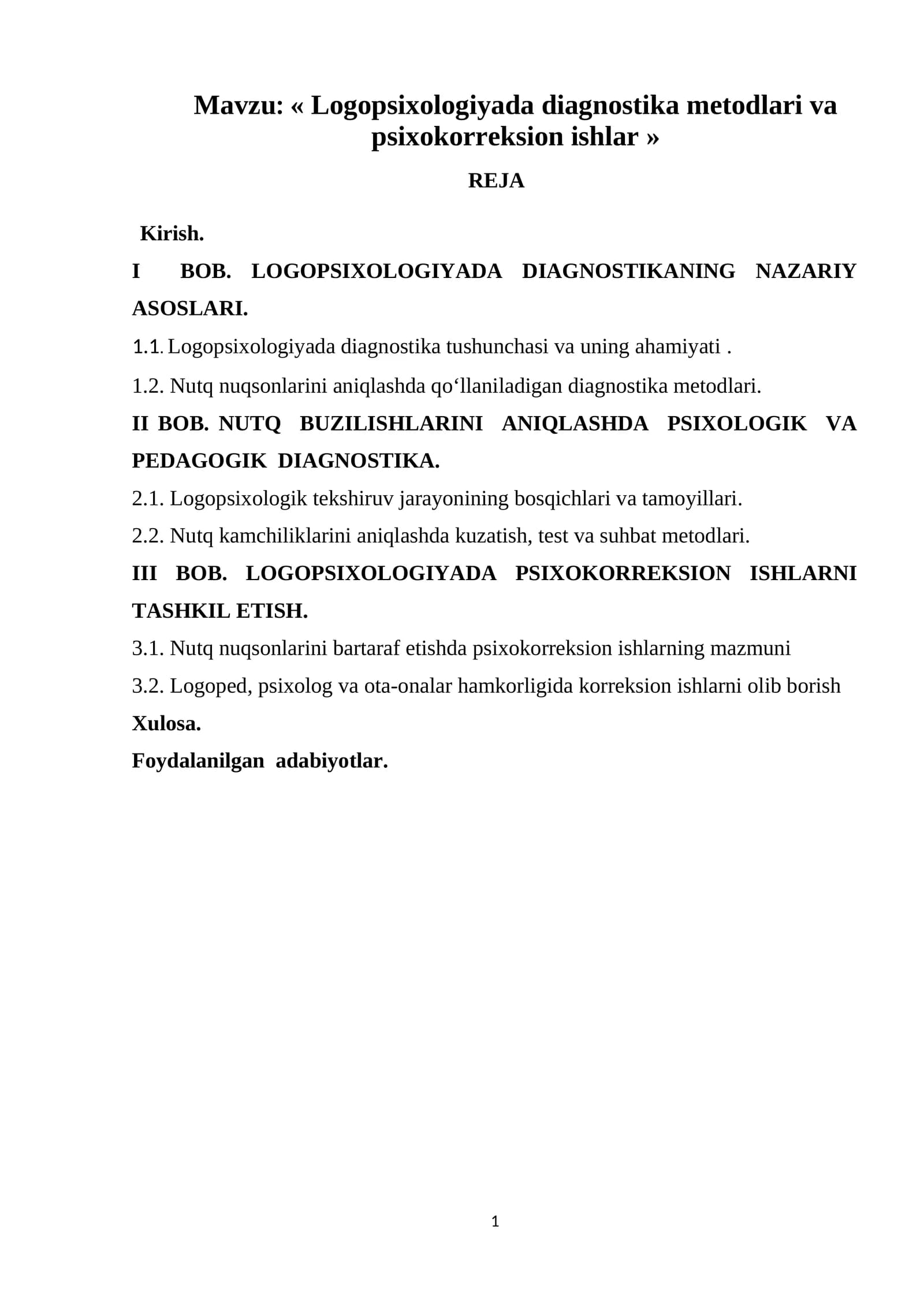 Logopsixologiyada diagnostika metodlari va psixokorreksion ishlar »