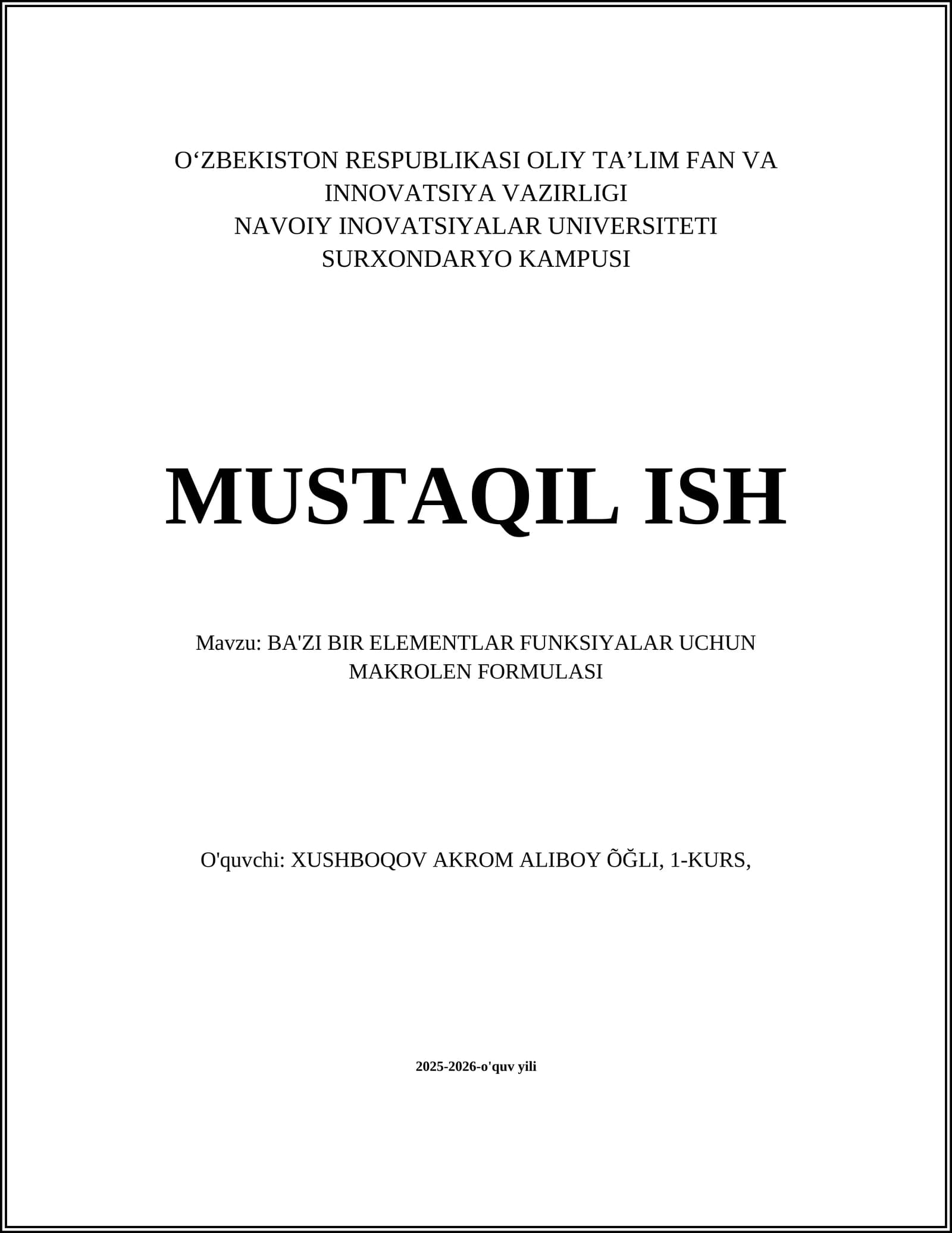 BA'ZI BIR ELEMENTLAR FUNKSIYALAR UCHUN MAKROLEN FORMULASI