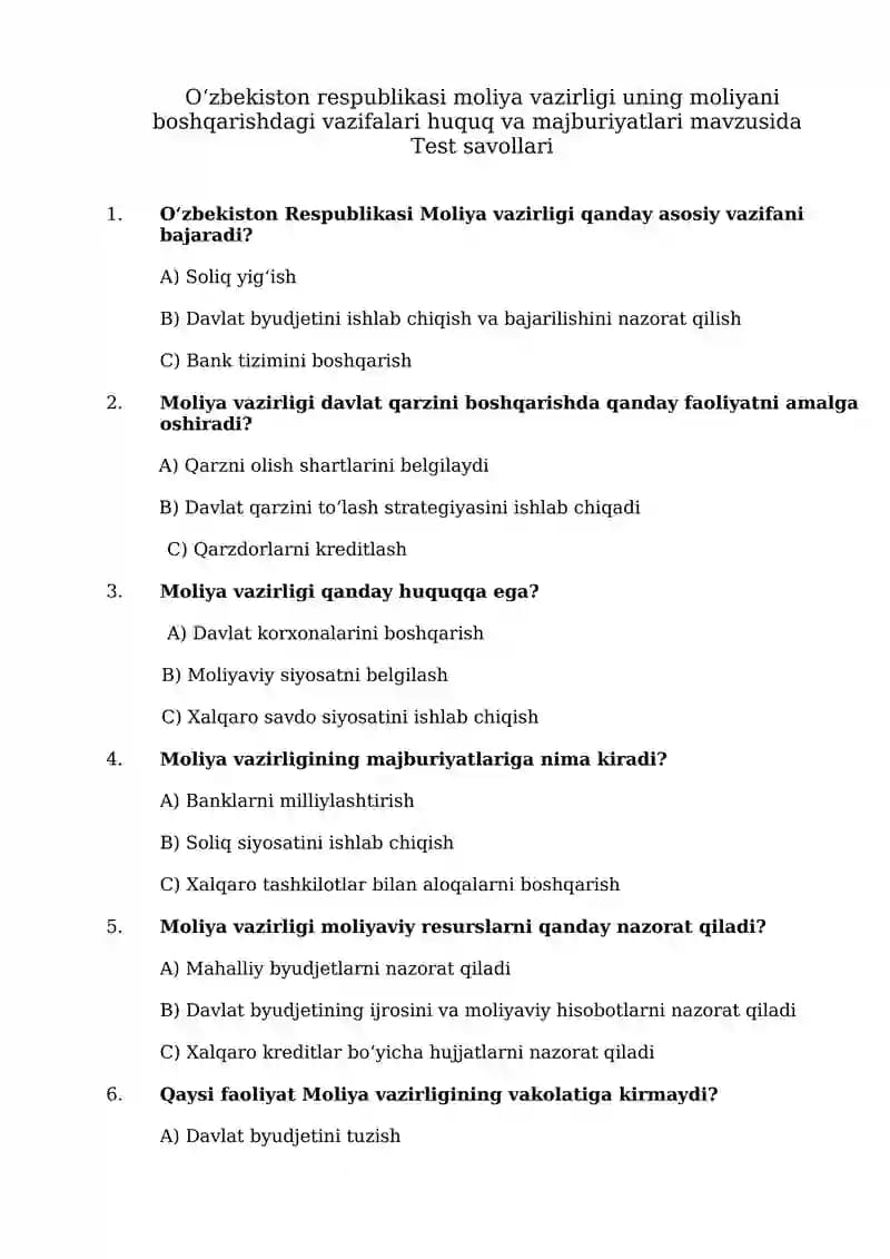moliya tizimi haqida testlar