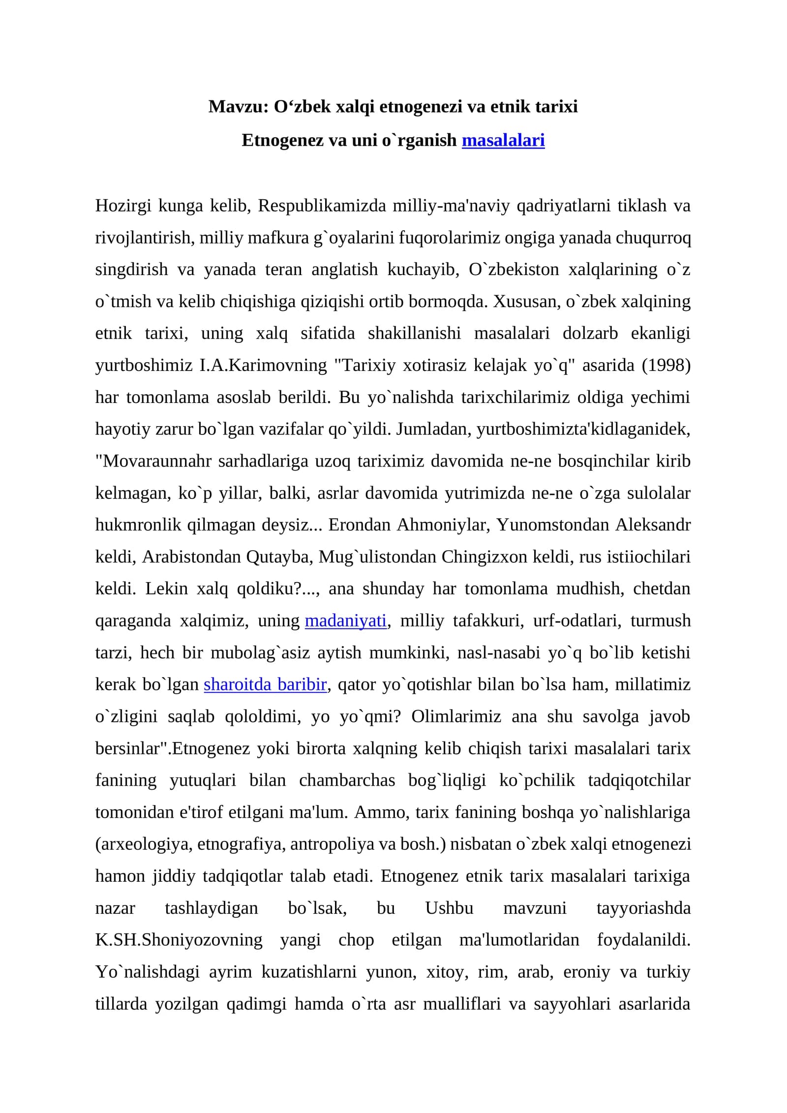 Oʻzbek xalqi etnogenezi va etnik tarixi