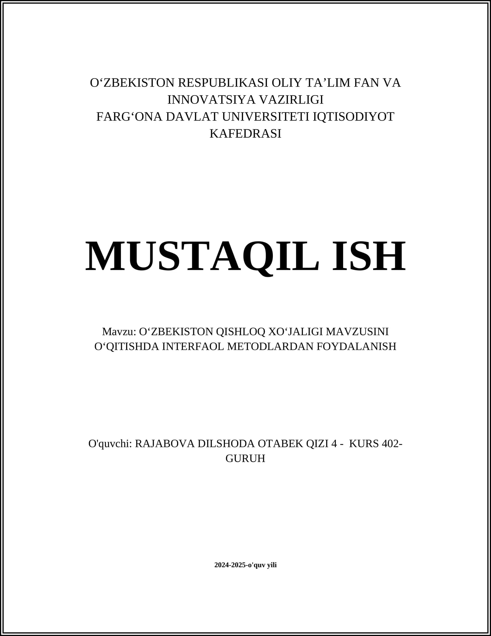 OʻZBEKISTON QISHLOQ XOʻJALIGI MAVZUSINI OʻQITISHDA INTERFAOL METODLARDAN FOYDALANISH