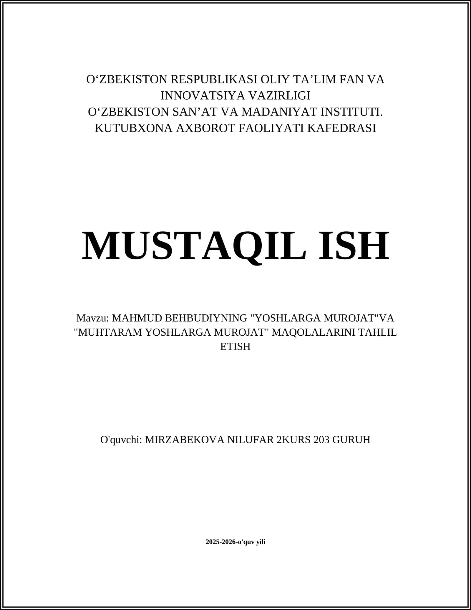 MAHMUD BEHBUDIYNING "YOSHLARGA MUROJAT"VA "MUHTARAM YOSHLARGA MUROJAT" MAQOLALARINI TAHLIL ETISH