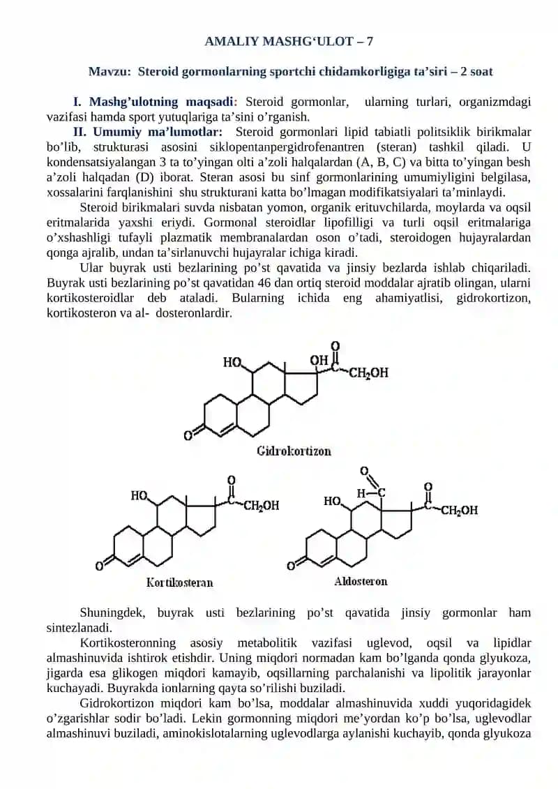 Steroid gormonlarning sportchi chidamkorligiga ta'siri