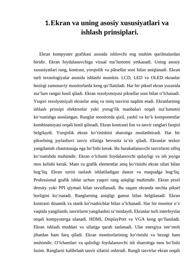 Ekran va uning asosiy xususiyatlari va ishlash prinsiplari