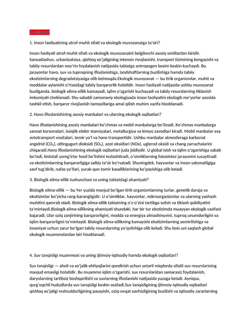 Inson Faoliyatining Atrof-muhit Sifati va Ekologik Muvozanatga Ta'siri