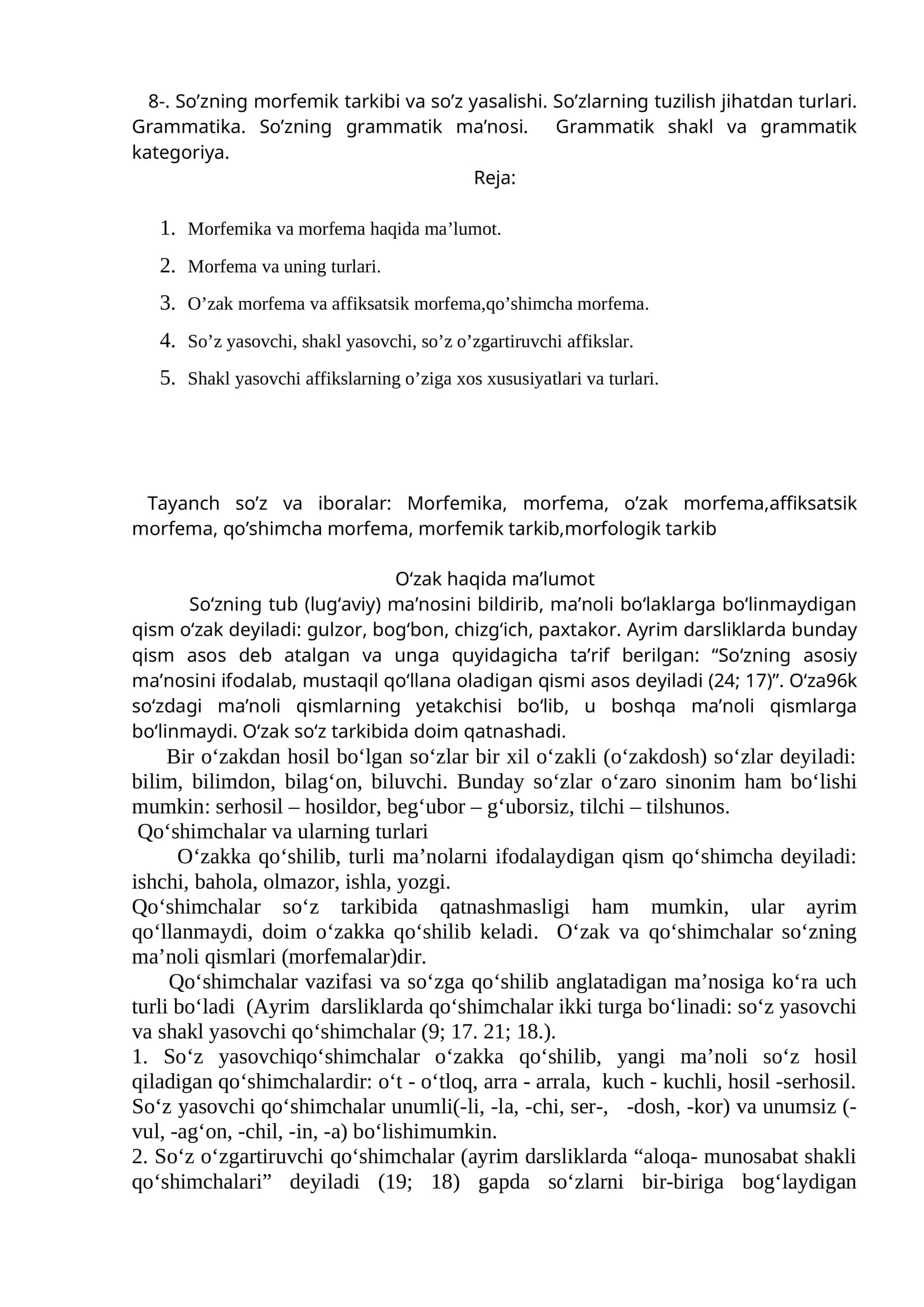 So’zning morfemik tarkibi va so’z yasalishi