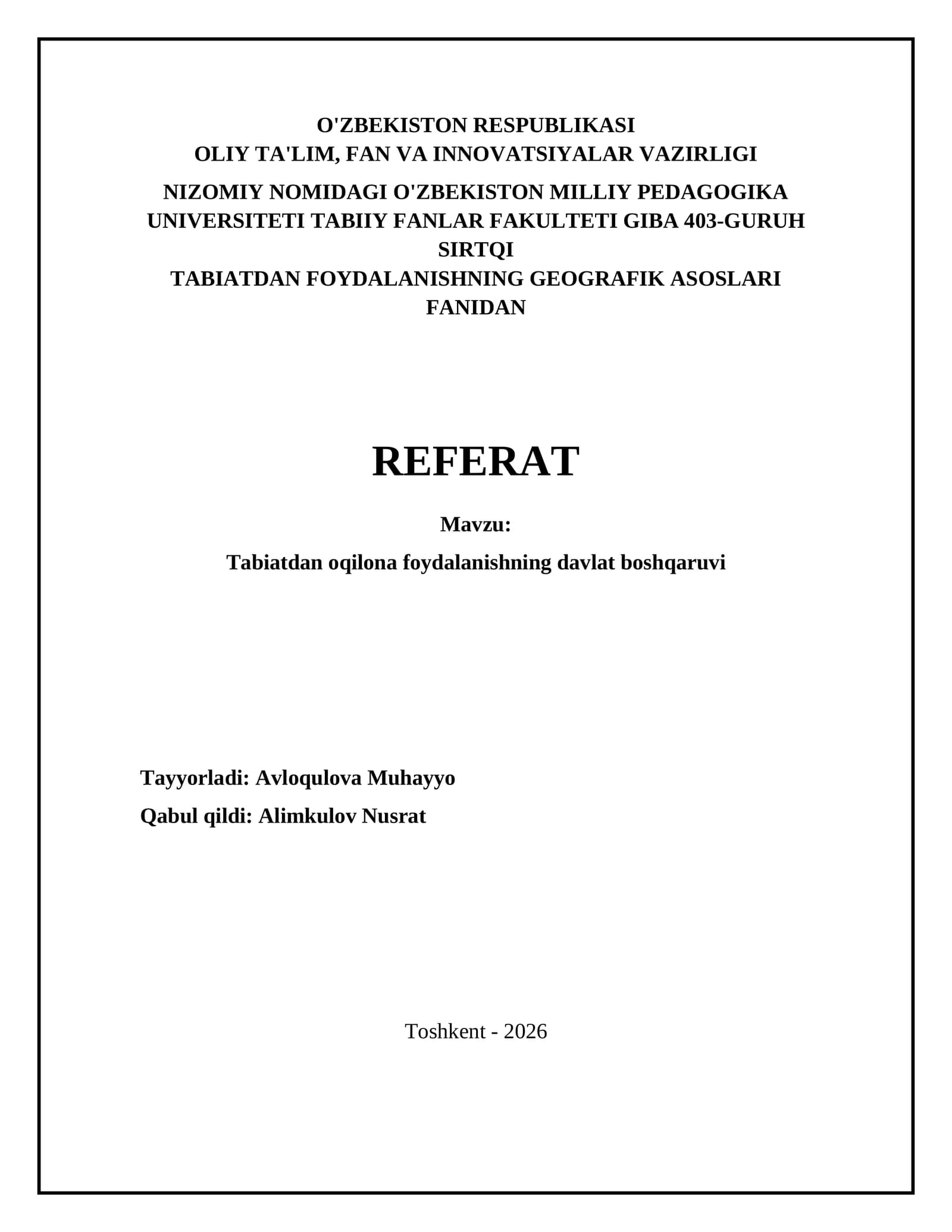 Tabiatdan oqilona foydalanishning davlat boshqaruvi