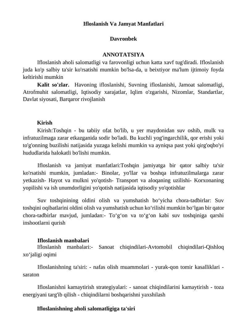 Ifloslanish Va Jamyat Manfatlari