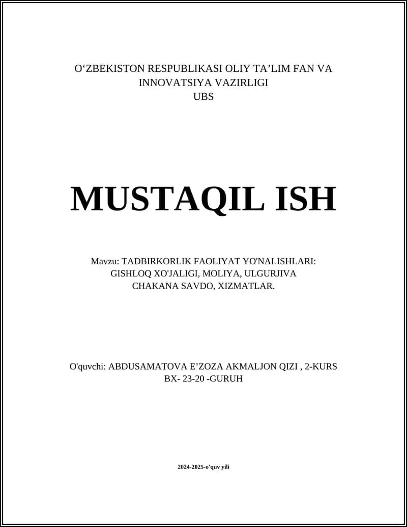 TADBIRKORLIK FAOLIYAT YO'NALISHLARI