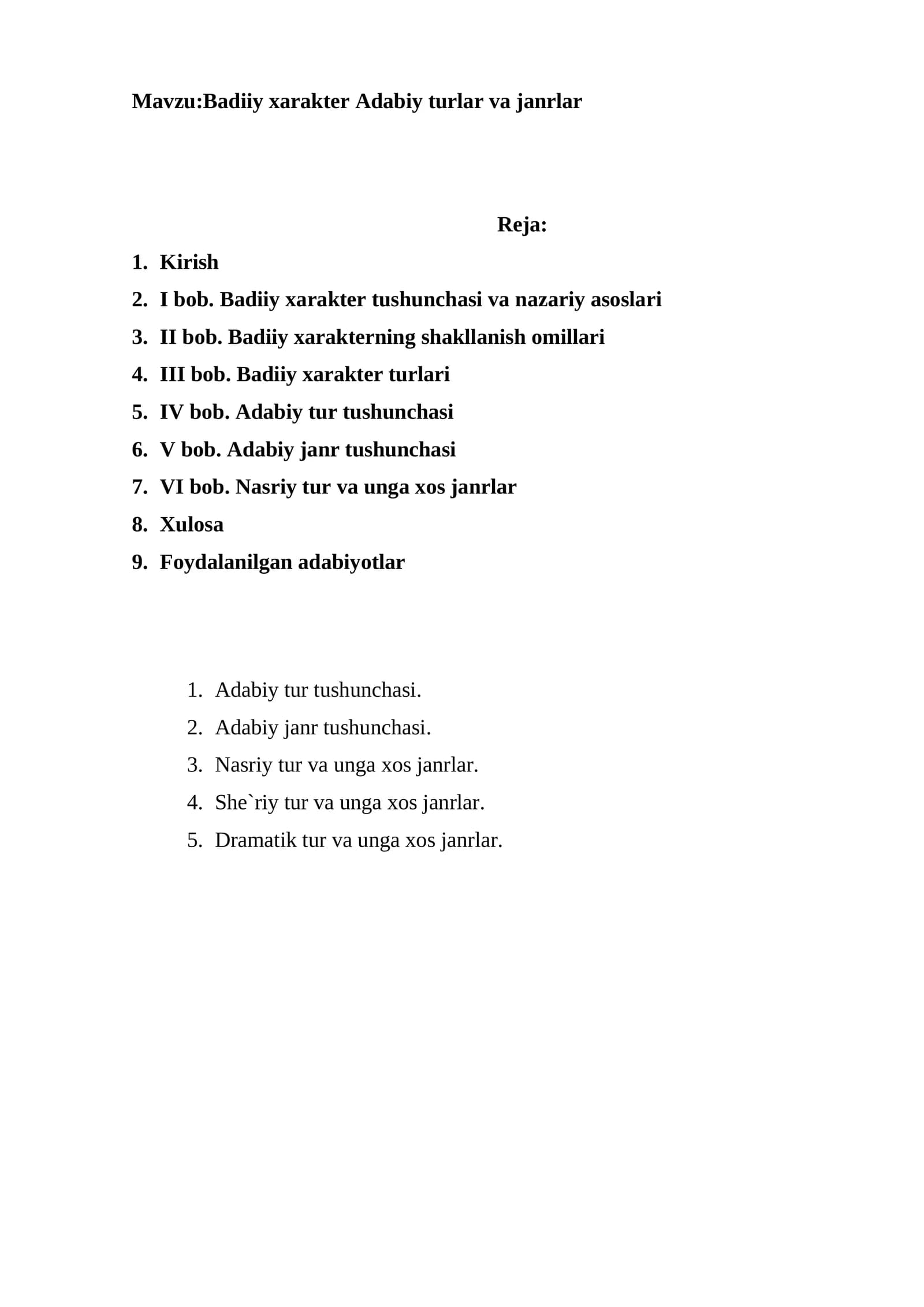 Badiiy xarakter Adabiy turlar va janrlar
