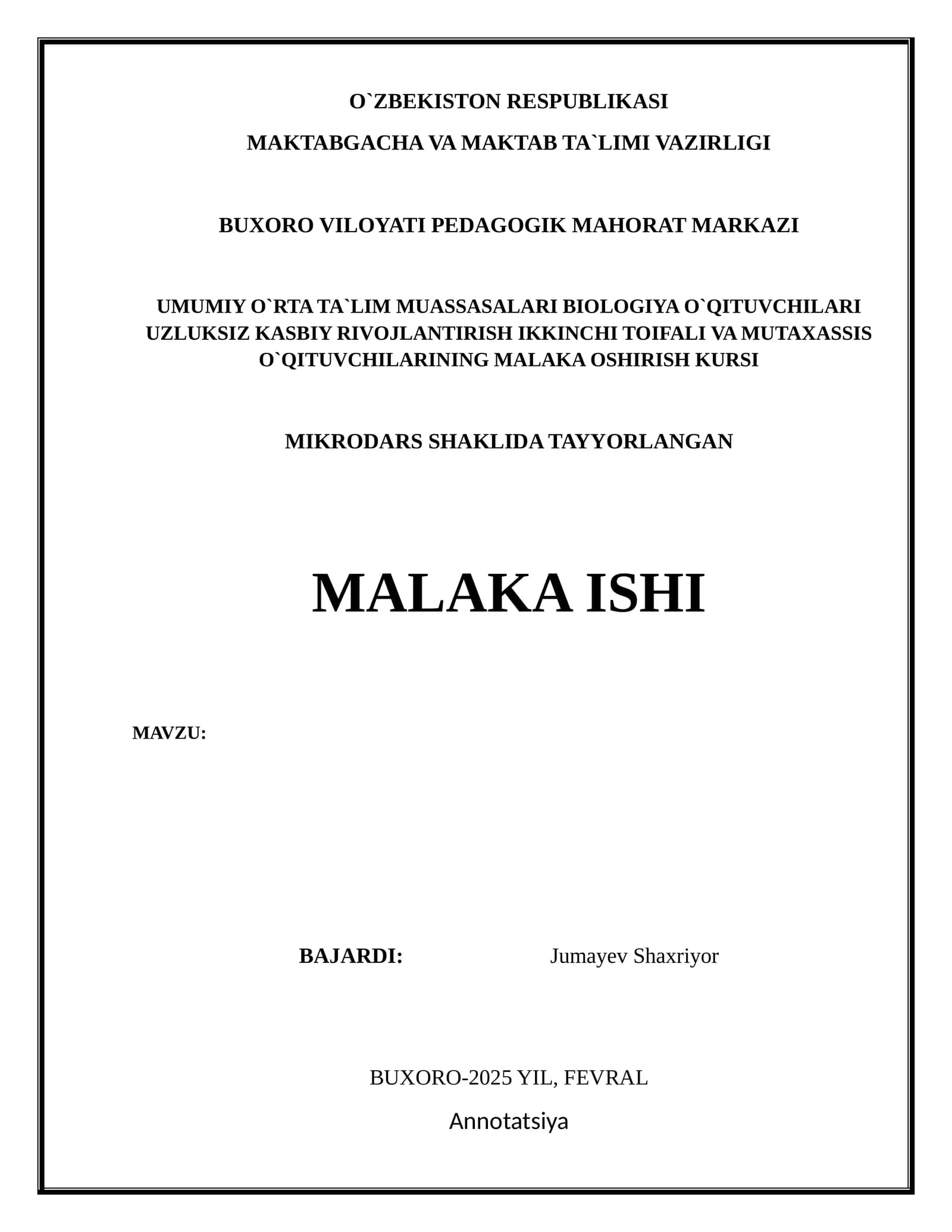 MIKRODARS SHAKLIDA TAYYORLANGAN MALAKA ISHI