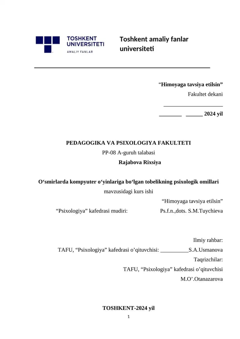 Oʻsmirlarda kompyuter oʻyinlariga boʻlgan tobelikning psixologik omillari