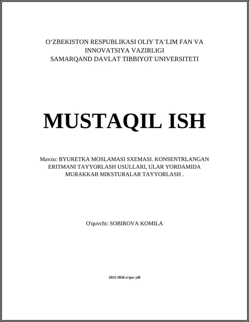 BYURETKA MOSLAMASI SXEMASI. KONSENTRLANGAN ERITMANI TAYYORLASH USULLARI, ULAR YORDAMIDA MURAKKAB MIKSTURALAR TAYYORLASH