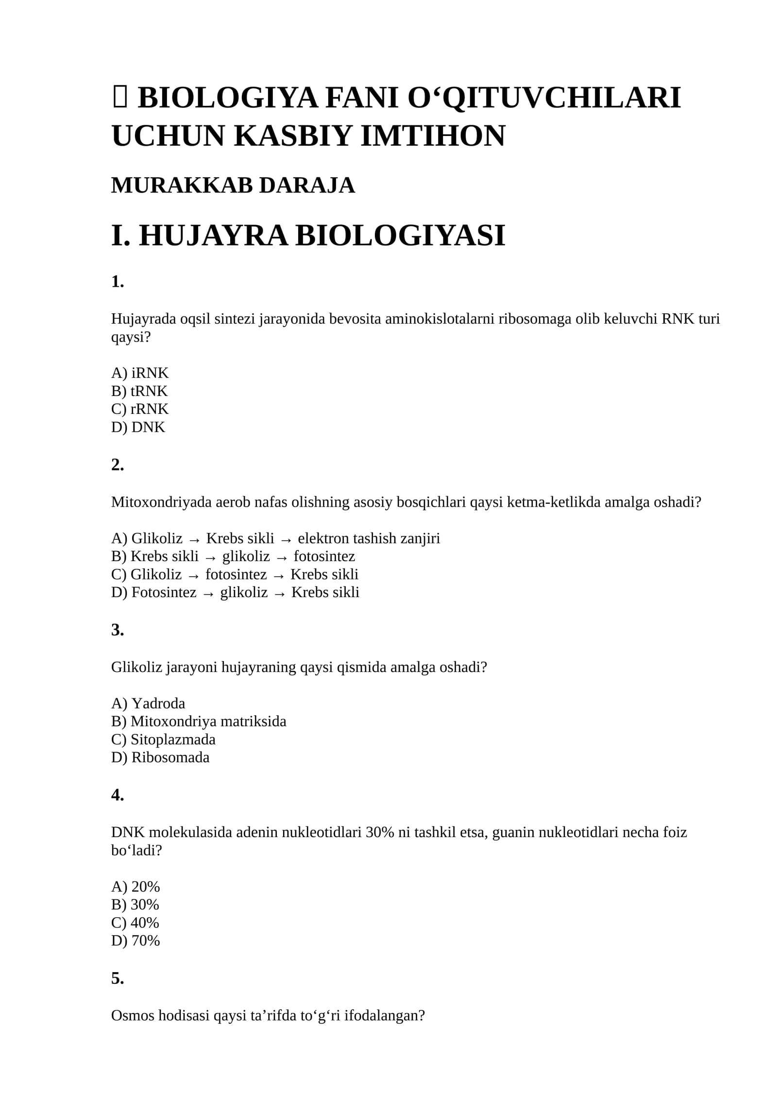 BIOLOGIYA FANI O‘QITUVCHILARI UCHUN KASBIY IMTIHON