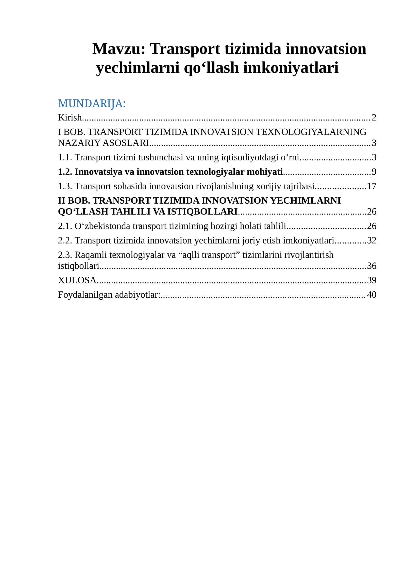 Transport tizimida innovatsion yechimlarni qo‘llash imkoniyatlari