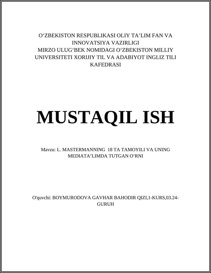 L. MASTERMANNING 18 TA TAMOYILI VA UNING MEDIATAʼLIMDA TUTGAN OʻRNI