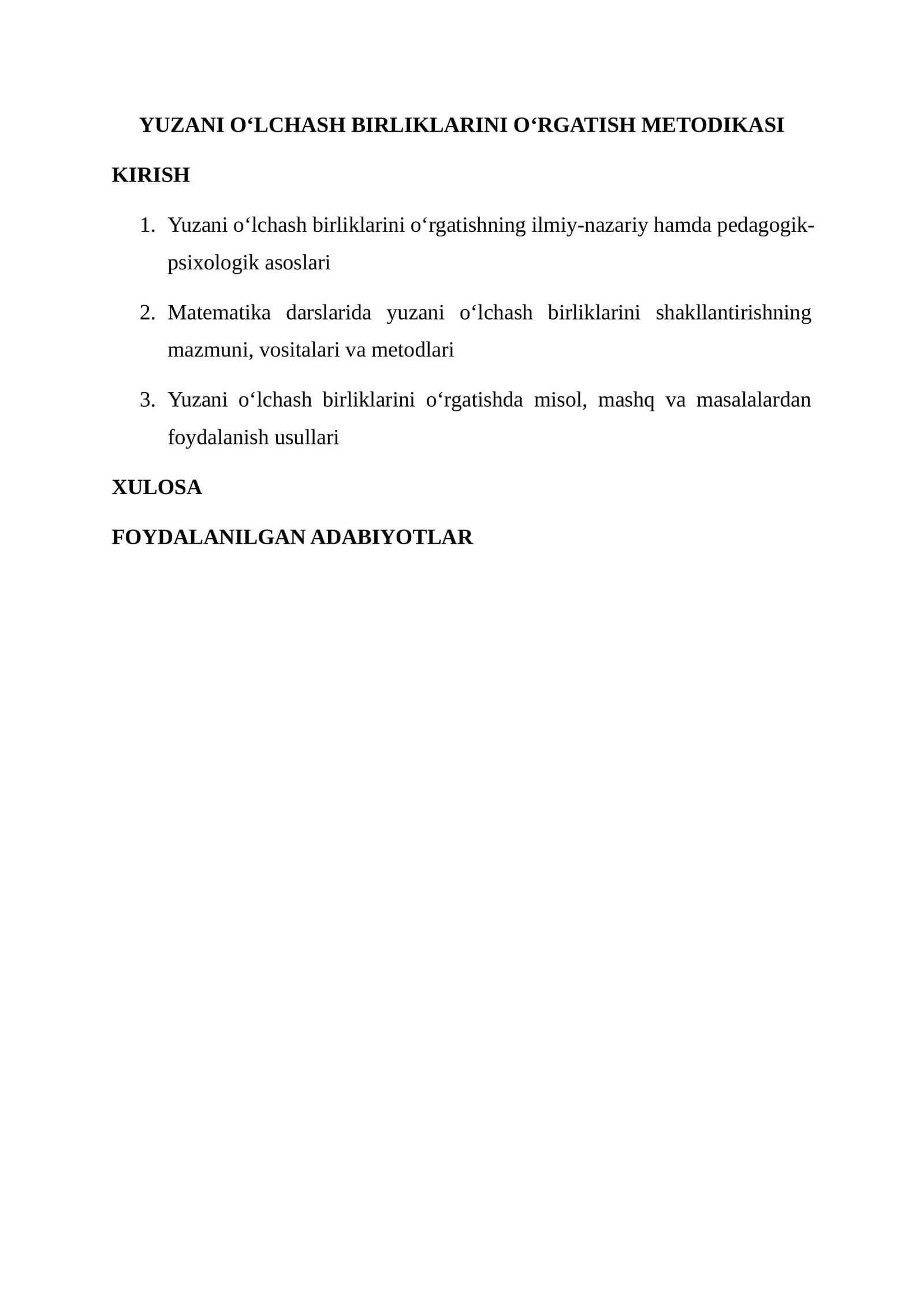 YUZANI O‘LCHASH BIRLIKLARINI O‘RGATISH METODIKASI