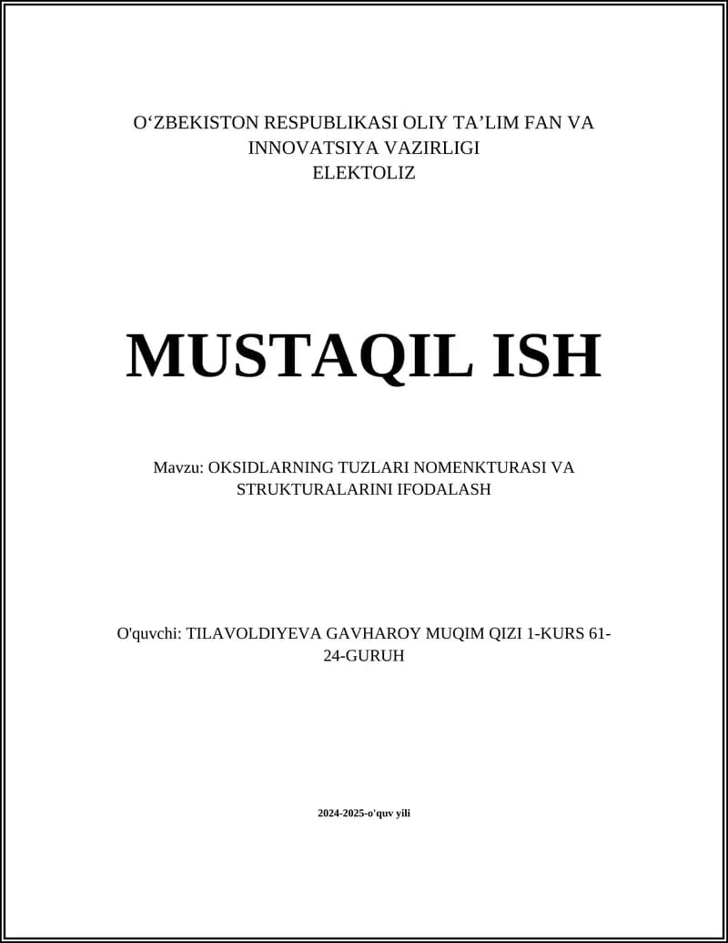 OKSIDLARNING TUZLARI NOMENKTURASI VA STRUKTURALARINI IFODALASH
